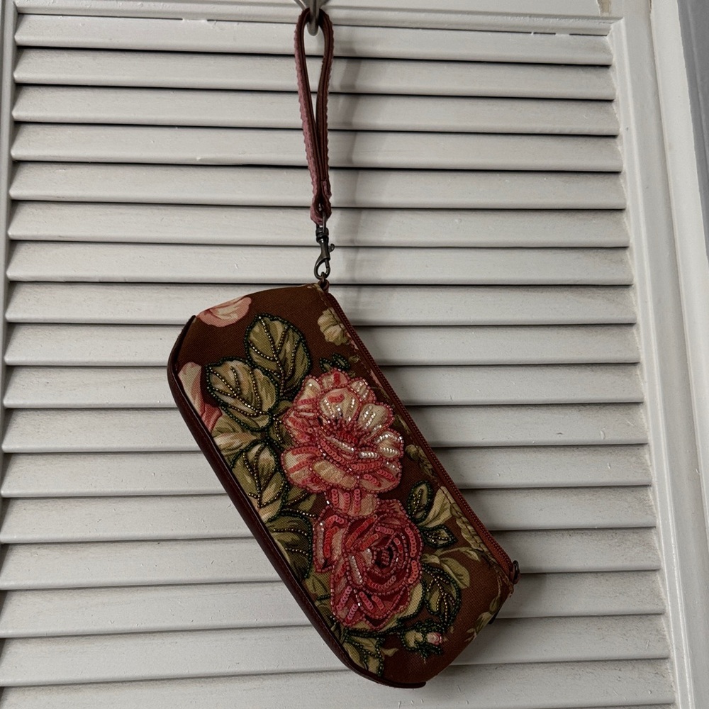 Isabella Fiore Floral Embroidered Clutch - Brown and Pink